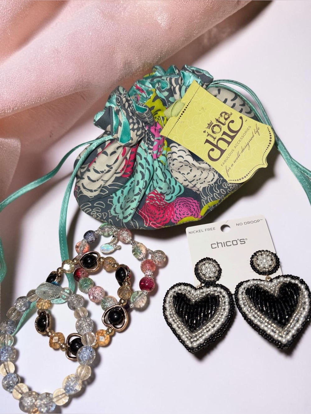 Iota Chic jewelry bag, Chico's Beaded Heart Earrings, & Beaded Bracelets bundle